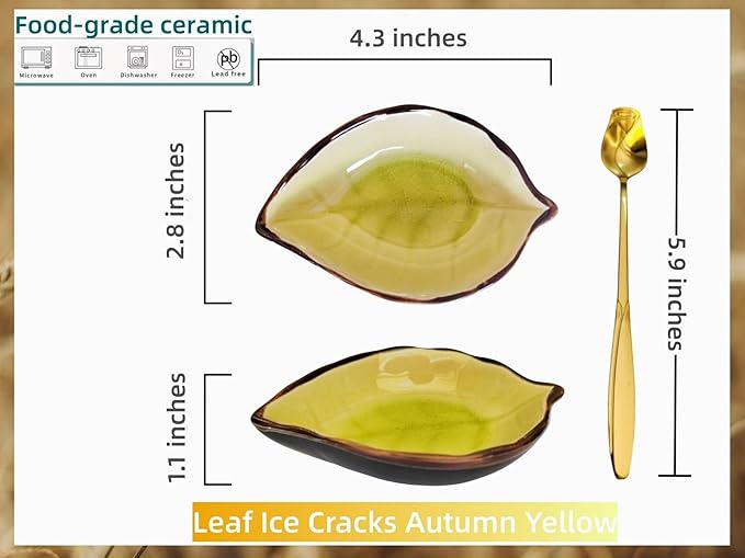 Coffee Spoon and Rest for Coffee Bar Accessories, Leaf Small Spoon Rest for Coffee Station, Tea Spoon Rest Tea Spoon Holder Teaspoon Rest, 1 PC (Ice Cracks Fall Yellow with Gold Rose Spoon)