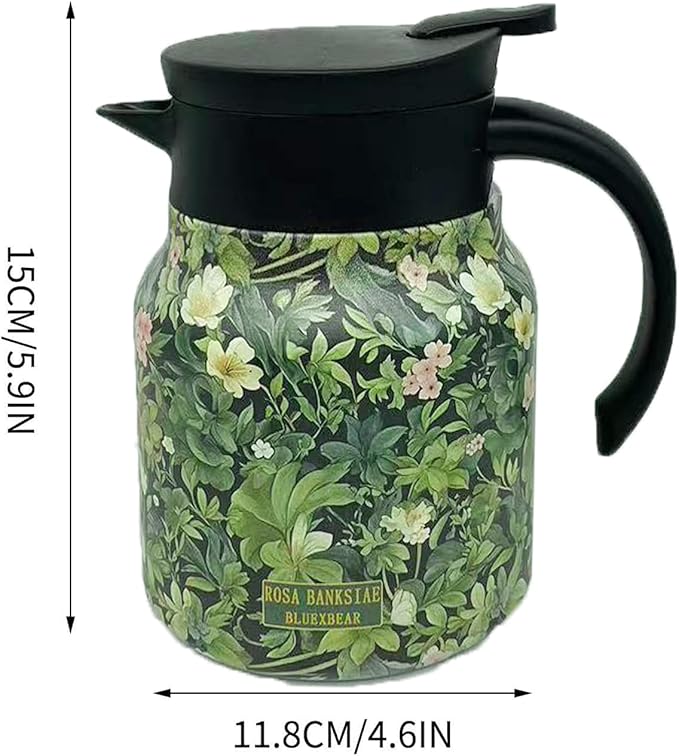Vintage Floral Pattern Teapot, Doresty Tea Pot, Vintage Floral Pattern Tea-Built-In Infuser, Stainless Steel Thermal Carafe with Lid for Hot Drinks(Green, Plastic handle)