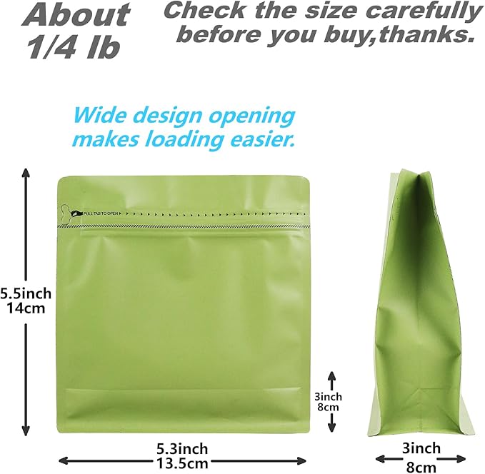 60 Pack High Barrier Stand-Up Coffee Bean Bags with Vented Valve Matte Metallic Heat-Sealable & Resealable Solid Color Pouches (Square,5.3 * 5.5 inch,1/4 lb,Avocado Green)