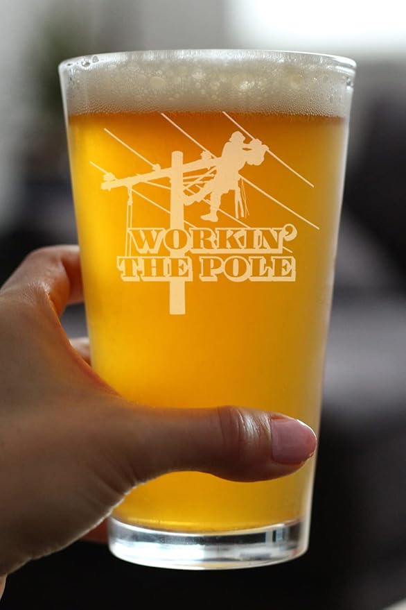 Bevvee Workin' the Pole - Lineman Electrician Pint Glass - Funny Electrician Gifts for Electricians - 16 Oz Pint Glasses