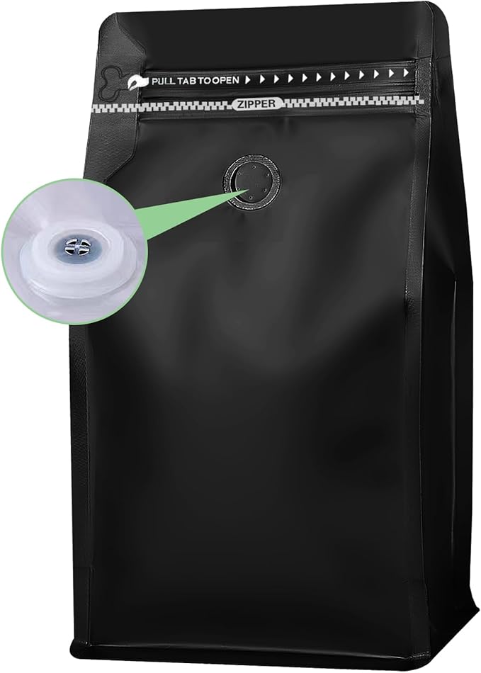 REMTAP Coffee Bags with Valve(100pcs,12 oz) balck High Barrier Aluminumed Foil Flat Bottom Standing Coffee Beans Storage Bags,Reusable Heat Sealable Side Zipper Pouches for Home or Store