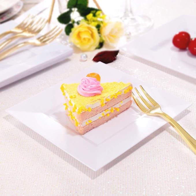 bUCLA 100PCS White Square Plastic Plates-6inch Disposable Cake Plates- Premium Hard Square Small Appetizer Plates for Wedding/Party