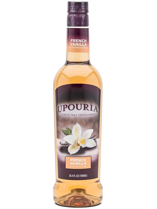 Upouria French Vanilla & Caramel Coffee Syrup Flavoring, 2 of each Flavor, 100% Vegan, Gluten-Free, Kosher, 750 mL Bottles (Pack of 4) with 2 Coffee Syrup Pumps