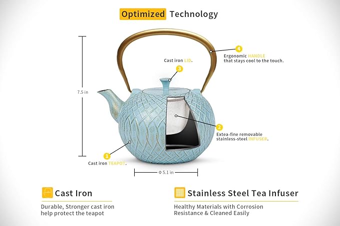Tea Kettle, Toptier Japanese Cast Iron Tea Kettle for Stove Top, Stovetop Safe Teapot with Infusers for Loose Tea, 34 Ounce (1000 ml), Turquoise Melody