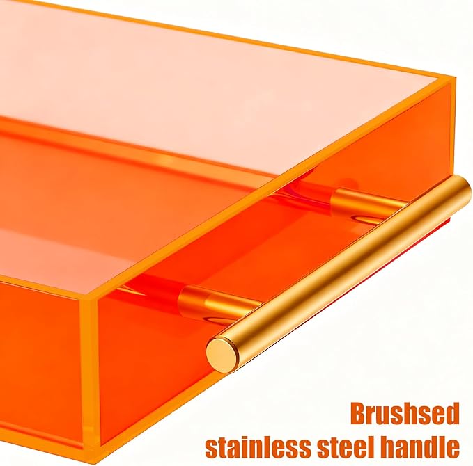 Acrylic Serving Tray with Handles Large Ottoman Food Decorative Tray for Coffee Table Tea Fruit Snack Kitchen Bar Platter, 17x13’’, Neon Orange