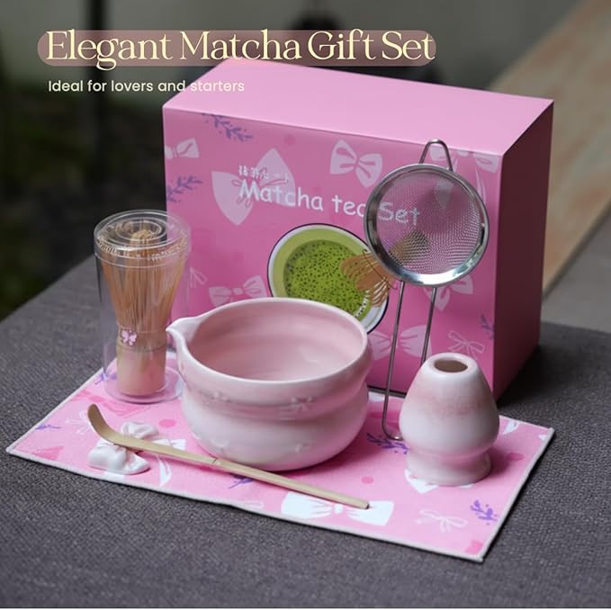 7pcs soft pink matcha whisk set with cute bow and heart motif - complete matcha kit set includes bamboo whisk, bowl, stand, scoop, sifter, towel -ideal gift for women and Japanese tea ceremony