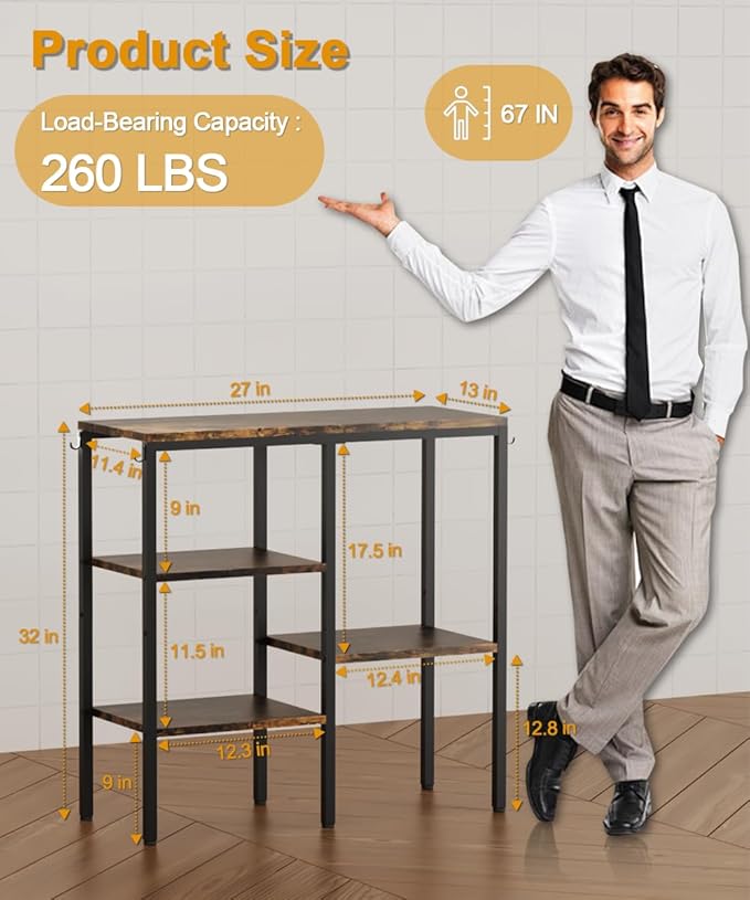 Artibear 4-Tier Kitchen Microwave Oven Stand, Adjustable Coffee Bar Station for Small Appliance, Baker's Rack with 4 Hooks & 5 Storage Shelves, Utility Rack for Kitchen, Living Room, Office, Black