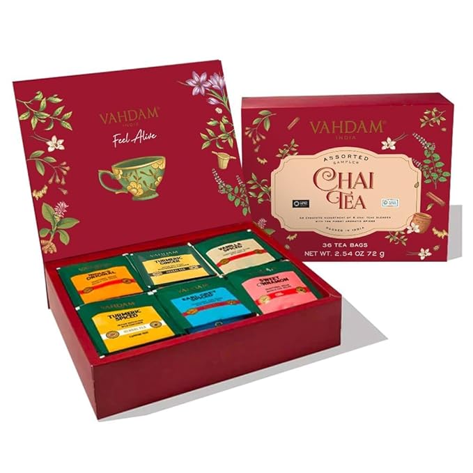 VAHDAM, Assorted Chai Tea Variety Pack (6 Delicious Flavors, 36 Eco Friendly Pyramid Tea Bags) Caffeinated, Gluten Free, Non GMO | Indian Masala Chai Tea Blends | Christmas Tea Gift Sets