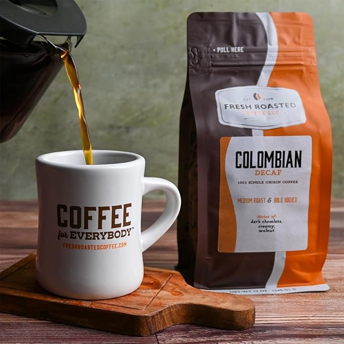 Fresh Roasted Coffee, 100% Colombian Decaf, 12 oz, Medium Roast, Kosher, EA Natural Decaf, Whole Bean