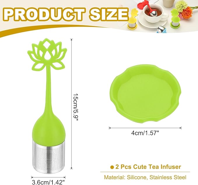 uxcell 2 Pcs Lotus Tea Infuser, Stainless Steel Loose Leaf Tea Steeper Filter with Silicone Handle Reusable Thin Pores Mesh Strainer Diffuser for Teacups Teapots Mugs, Green