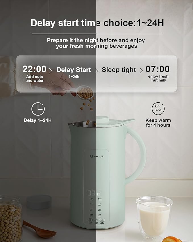 MOKKOM 9 in 1 Nut Milk Maker, 42oz Automatic Almond Milk Machine for Homemade Plant-Based Milk, Oats, Soy, Dairy Free Beverages, Soy Milk Maker with Delay Start/Keep Warm/Self-Cleaning/Boiling, Green