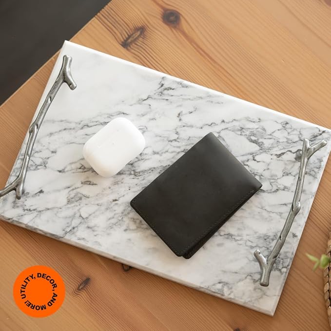 Serving Tray with Silver Handles – 12"x8" Marble Decorative Tray for Snacks, Drinks, Vanity, or Coffee Table Décor by Museo