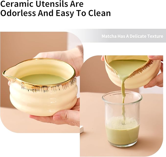 7-Piece Matcha Whisk Set – Yellow Spouted Ceramic Bowl with Golden Texture + Bamboo Whisk, Ceremonial Matcha Kit for Breakfast/Latte, Starter Tea Tools for Matcha Lovers