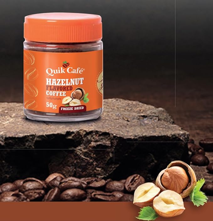 QuikCafe Hazelnut Instant Coffee, 50g, Freeze-Dried, All-Natural, Perfect Flavor of Hand-picked Arabica Beans for Coffee Lovers, Perfect Flavor From the Majestic Hills of Coonoor | Non GMO, Gluten-Free, No Preservative