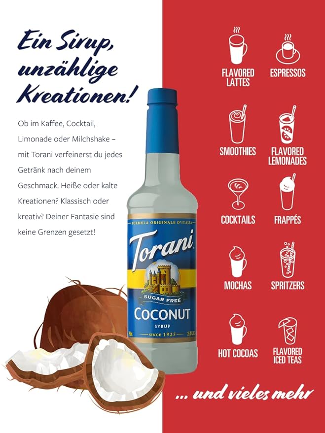 Torani Sugar Free Coffee Syrup, Coconut Flavored Syrup for Drinks, Zero Calorie, Pump Included, 25.4 Fl Oz