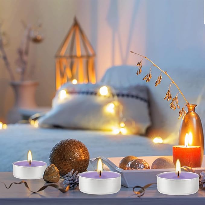 Purple Lavender Scented Tealight Candles - 4 Hours - Giant 100 Bulk Packs - Smokeless Tea Lights for Valentine's Day, Weddings,Christmas, Home Decorative