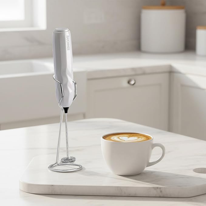 RAYONNER Milk Frother Handheld Fast Powerful Drink Mixer with Stainless Steel Whisk for Coffee, Battery Operated (White with Stand)