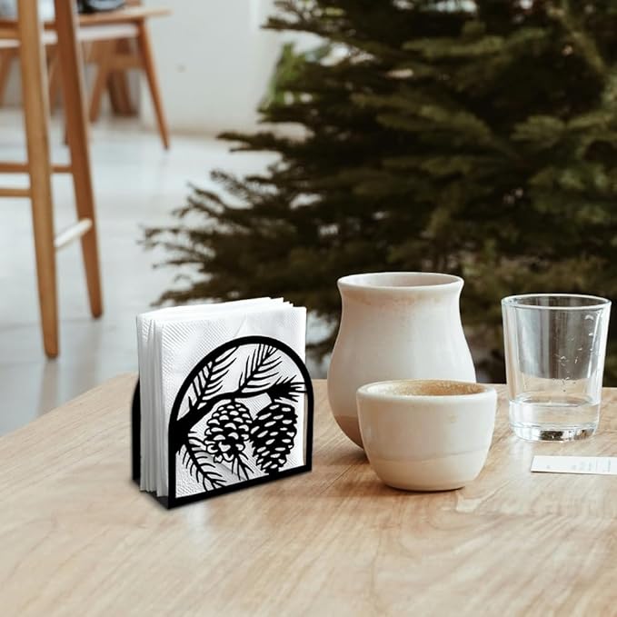 Pine Cones Decorative Black Metal Napkin Holder for Table, 5.3" x 4.9" x 1.9" Pine Cones Standing Napkin Holder for Home Kitchen Restaurant Picnic Party Coffee Bar Dining Room