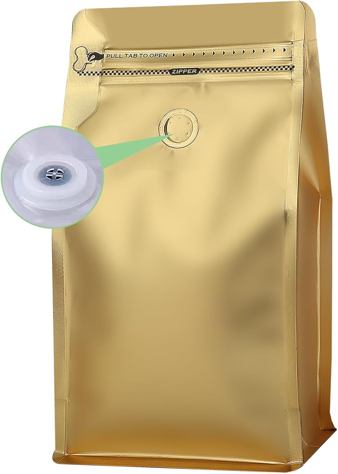 coffee bags with Valve High Barrier Aluminumed Foil Flat Bottom Standing Coffee Beans Storage Bags,Reusable Heat Sealable Side Zipper Pouches (12oz/50pcs, Gold)