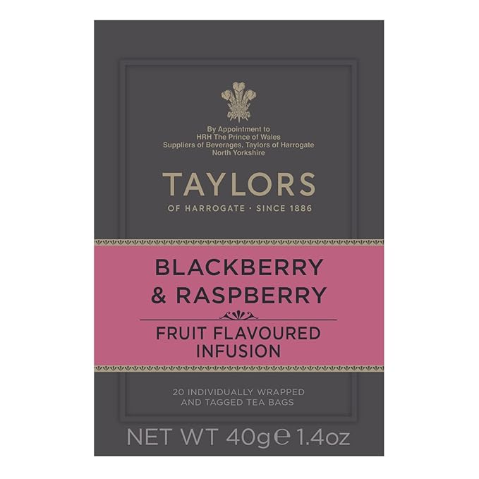 Taylors of Harrogate Blackberry & Raspberry, Herbal Tea, Individually Wrapped Bags, 20 Count (Pack of 1), Sweet, Tart & Tangy, Caffeine-Free, Enjoy Hot or Iced, 20 Teabags