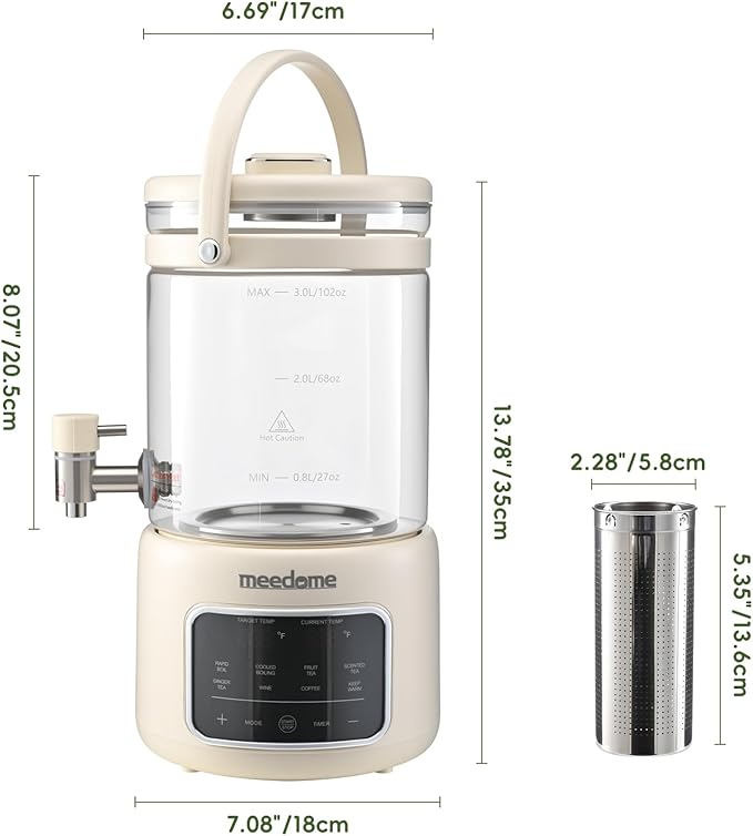 3L Electric Kettle & Beverage Dispenser with Infuser, Spigot - All-in-One Health Pot for Iced Tea/Coffee, Temperature Control, Glass Pitcher - Home & Office Use