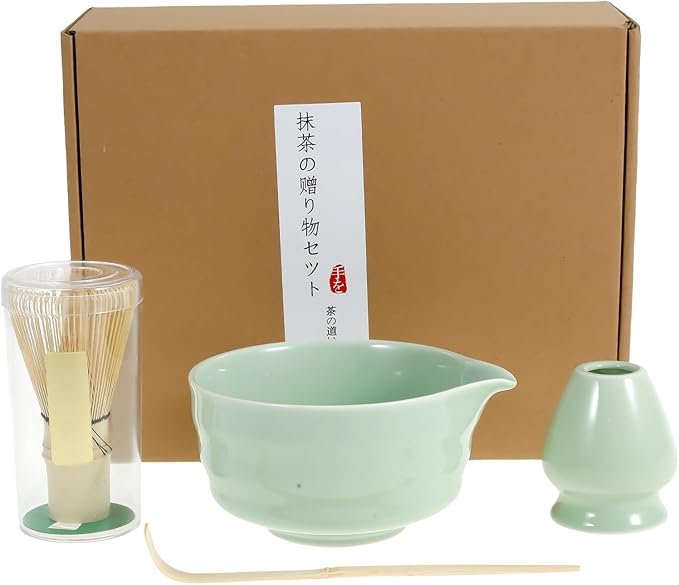 Matcha Whisk Set, 4 Pcs Matcha Set Includes Ceramic Matcha Bowl with Spout, Matcha Whisk Holder, Bamboo Matcha Whisk and Scoop - Green Matcha Tea Set, Cute Matcha Kit Set for Matcha Lovers