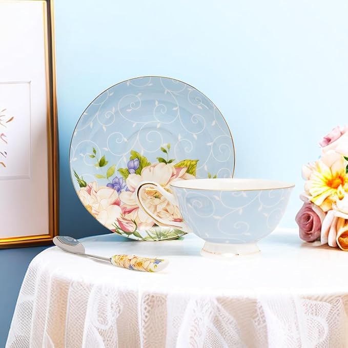 ONEUSTAR Tea Cup and Saucer Set for 1 Bone China Coffee Cup 7 oz Vintage Floral English Teacup for Women Tea Party Birthday Mother's Day Gift, Blue