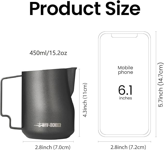 MHW-3BOMBER Milk Frothing Pitcher 450ml/15.2oz Milk Frother Cup Espresso Steaming Pitcher Stainless Steel Milk Frother Cup Barista Latte Art Round Spout Milk Jug P6005MB-OS