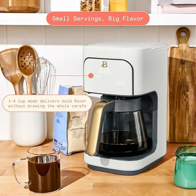 Beautiful 12 Cup Programmable Coffee Maker, Drip Coffee Machine with Glass Carafe, Automatic Brew Strength Control, Espresso Maker Function, Compact Espresso Machine (White Icing)