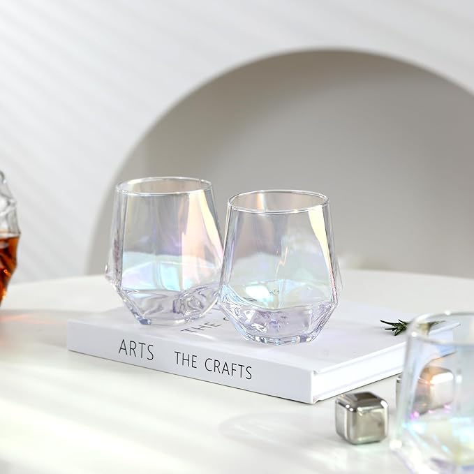 BACLIFE Hand Blown Stemless Wine Glasses Set of 6 – 10 oz Crystal Red Wine Glass – Premium Iridescent Diamond Shaped Drinking Glasses in Gift Box – Unique Gift for Wedding, Anniversary, Mother's Day