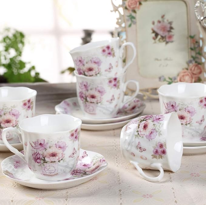 GuangYang 7 oz Porcelain Tea Cups and Saucers set of 6,Purple Fancy Floral Pattern (Perfect for Cappuccino, Flat white Coffee, Americano, Hot Tea, or Desserts)