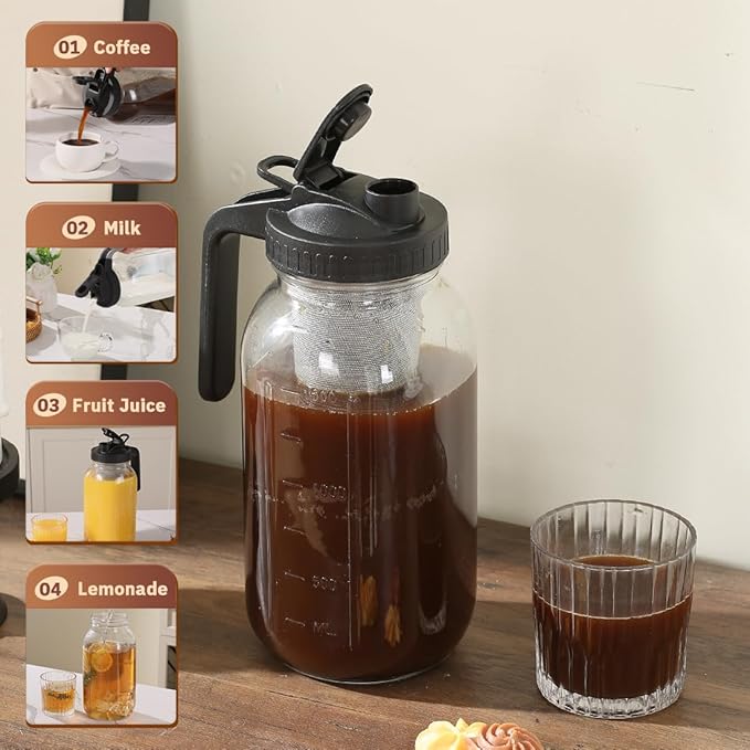 Glass Tea Pitcher with Airtight Lid Leak Proof Mason Jar with Stainless Steel Filter Glass Empty Jar for Water, Tea and Juice (Black)
