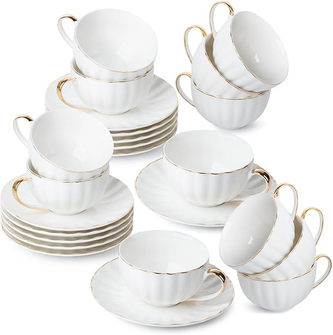 BTaT- White Tea Cups and Saucers Set of 12 (7 oz), Porcelain White Tea Cup Set of 12 with Golden Trim Design, Dishwasher Safe, Christmas Gifts