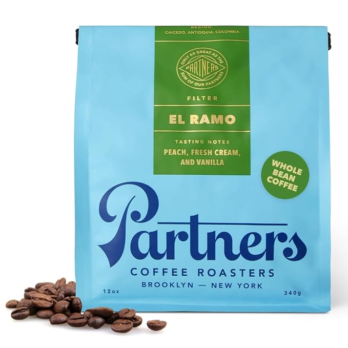 PARTNERS COFFEE ROASTERS - Whole Bean Coffee (El Ramo - Colombian, Light Roast) 12oz - Sweet, Nuanced Colombian Blend - Peach, Fresh Cream, Vanilla - Whole Coffee Beans - Roasted in New York City