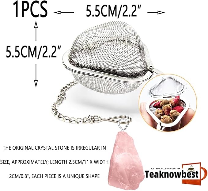 1PCS Loose tea infuser，Stainless Steel Tea Strainers for Loose Tea，tea leaves infuser，Fine mesh tea ball + crystal pendant，Suitable for brewing all loose leaf teas (1, Rose Quartz)