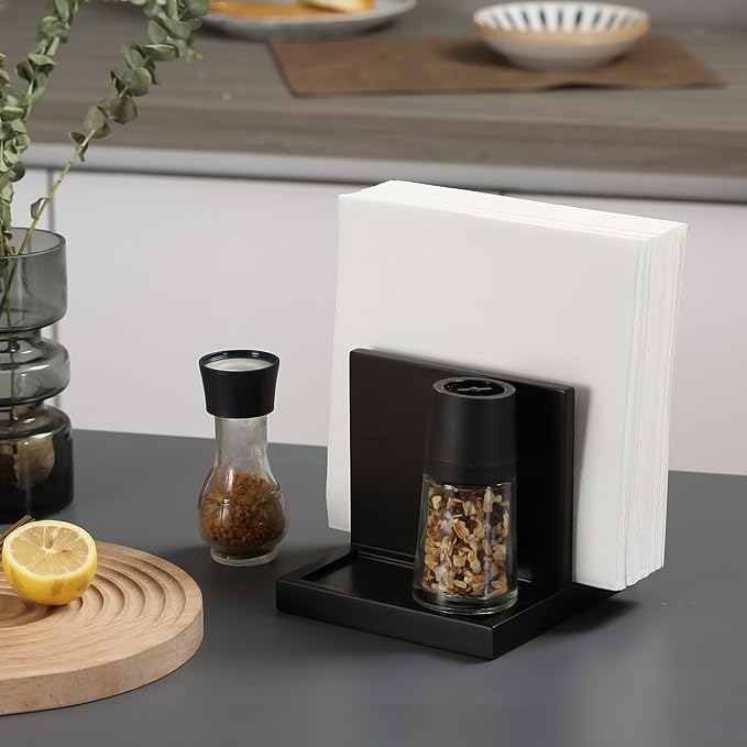 Wooden Napkin Holder napkin salt pepper holder with Salt and Pepper Shakers Caddy,Suitable for Kitchen, Restaurant, Bar, Office, Parties, Home Décor Black