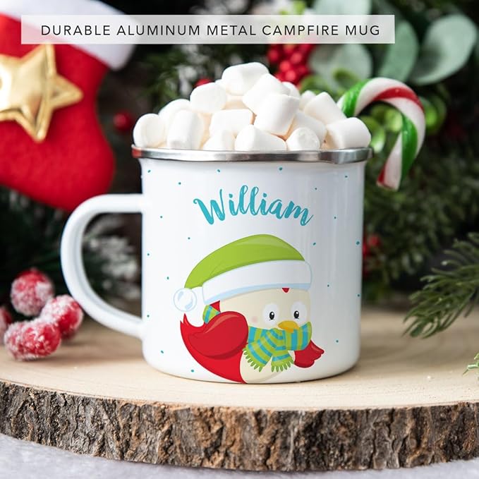 Andaz Press Personalized Name 11oz. Kids Christmas Hot Chocolate Stainless Steel Campfire Coffee Mug, Festive Red Owl Blue Green Scarf, 1-Pack, Custom Child’s Birthday Xmas Cup