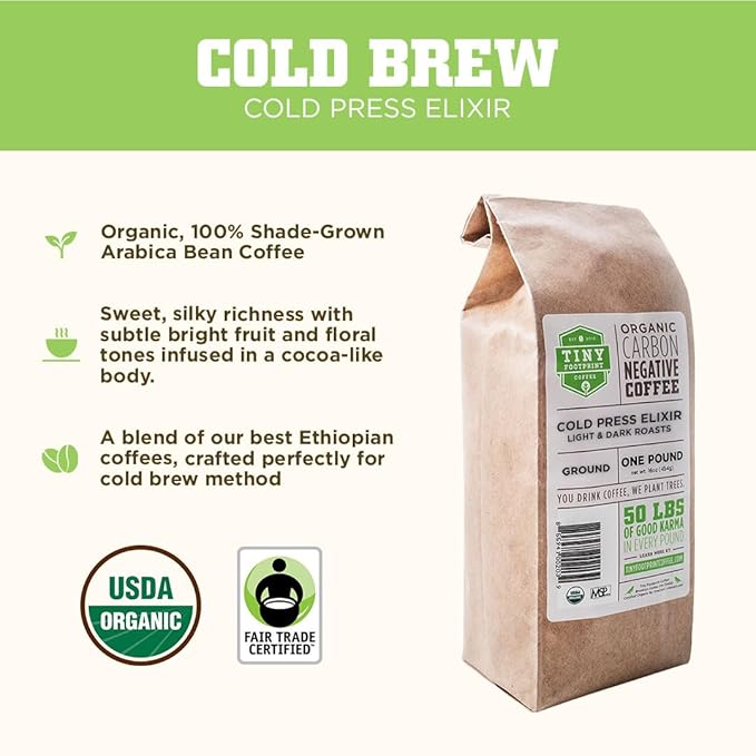 Tiny Footprint Coffee - Organic Cold Brew & Press Elixir | Blend of Light & Dark Roasts | Shade-Gown Ground Coffee, Carbon Negative, 16 Ounce