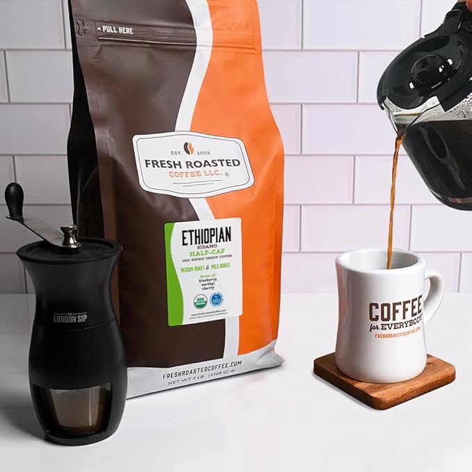 Fresh Roasted Coffee, Organic Ethiopian Sidamo Water-Processed Half-Caf | USDA Organic, 100% Single Origin, Kosher | Medium Roast 5 lb (80 oz) Whole Bean