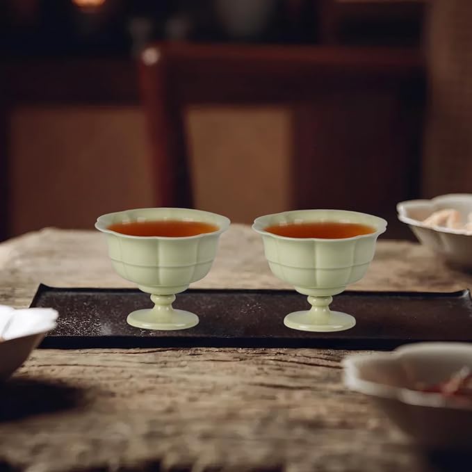 KAMMAK Tea Cup,3oz Small Tea Cups Set of 2, Reed Green Porcelain Tea Cups with Short Handle, Ceramic Teacups Set for Tea Party, Home Chinese Kungfu Tea Set for Hot/Cold Drink