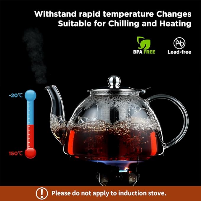 Glass Teapot, 1300ml/44 oz Stovetop Safe Glass Teapot with Removable Stainless Infuser for Loose Leaf Tea, Hot/Iced Water, Juice Beverage