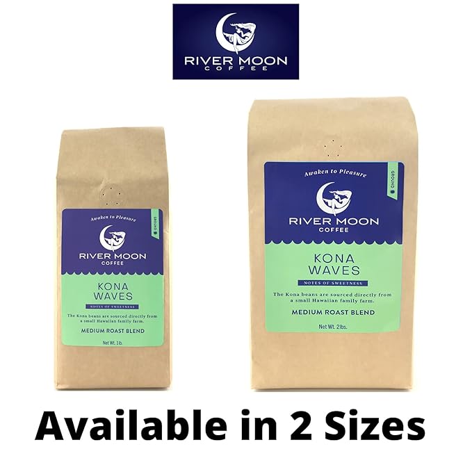 River Moon Coffee, Kona Coffee Ground, Medium Roast, 2 lbs, Kona Waves Hawaiian Blend, Sustainably Farmed, 100% Arabica