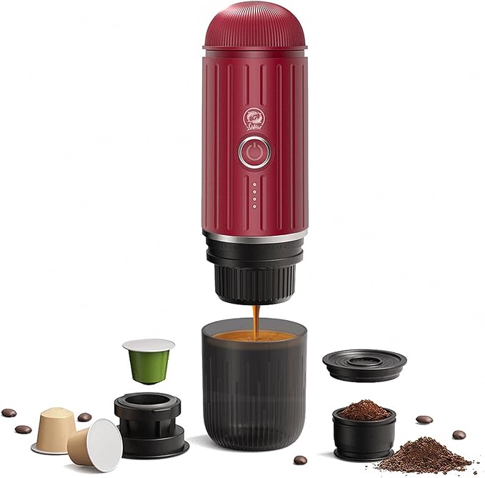 Portable Electric Espresso Machine,Travel Coffee Maker for Camping,Car Coffee Maker Self-Heating with USB-C, 12V, With Ground Coffee & NS Capsule for RV, Hiking, Office(Red)