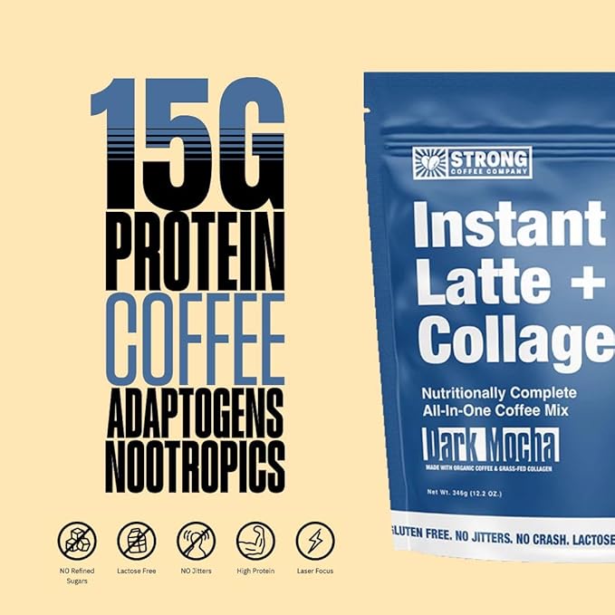 Strong Coffee Co. Dark Mocha Instant Latte | Organic Coffee with 15g Collagen Protein | Lion’s Mane & L-Theanine | Nootropic Instant Coffee | 12 Servings