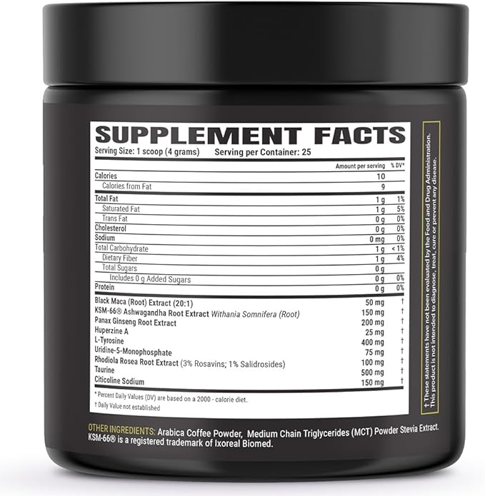 Black Maca Adaptogenic Coffee – Instant Arabica Medium Roast with | KSM-66 Ashwagandha | Ginseng | Natural Energy, Focus & Stamina Blend with Taurine, Rhodiola & Citicoline