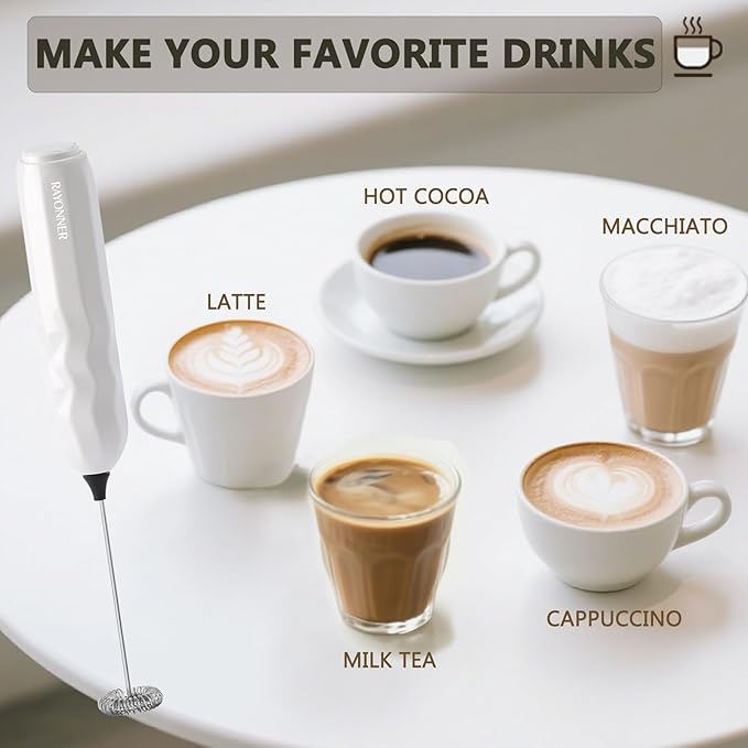 RAYONNER Milk Frother Handheld Fast Powerful Drink Mixer with Stainless Steel Whisk for Coffee, Battery Operated (White with Stand)
