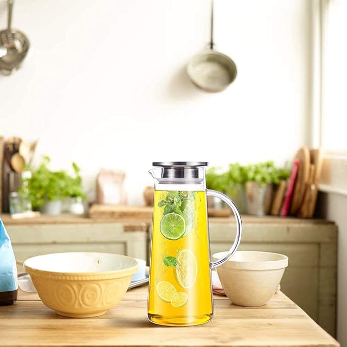 Glass Pitcher With Lid, 51oz/1.5Liter Water Carafe With Handle for Fridge, Iced Tea, Milk, Hot and Cold Beverage, Borosilicate Juice Jug