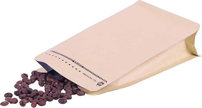 coffee bags with Valve High Barrier Aluminumed Foil Flat Bottom Standing Coffee Beans Storage Bags,Reusable Heat Sealable Side Zipper Pouches (16oz/50pcs, Kraft)