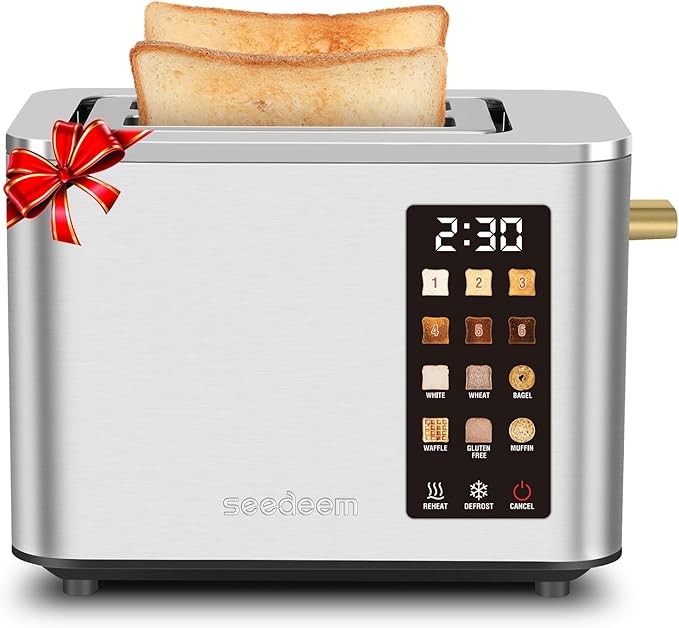 SEEDEEM Toaster 2 Slice, Touch Control Screen, Smart Stainless Toaster, 6 Shade Setting, 6 Bread Selection, Countdown, Removable Crumb Tray, 900W, Silver Metallic