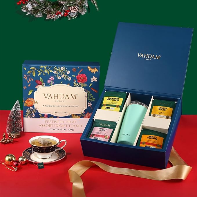 VAHDAM Assorted Tea Gift Set with Cruise Tumbler (4 Variety, 60 tea Bags) | Ecofriendly Tea Bags | Christmas Tea Gifts for Women & Men